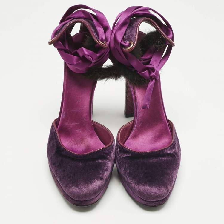 Pre Owned Gucci Purple Velvet and Mink Fur Ankle Strap Sandals Size 37