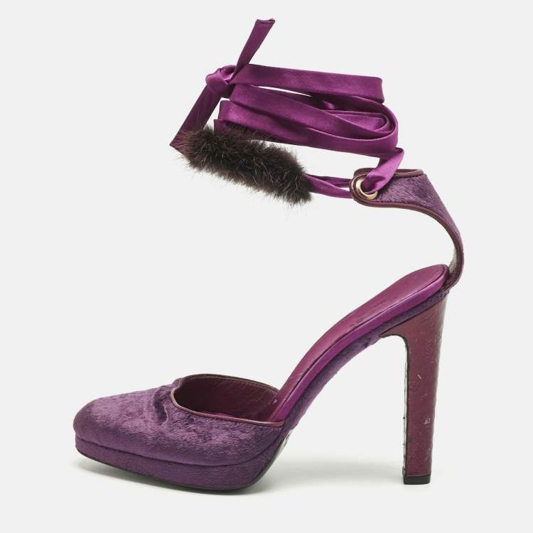 Pre Owned Gucci Purple Velvet and Mink Fur Ankle Strap Sandals Size 37