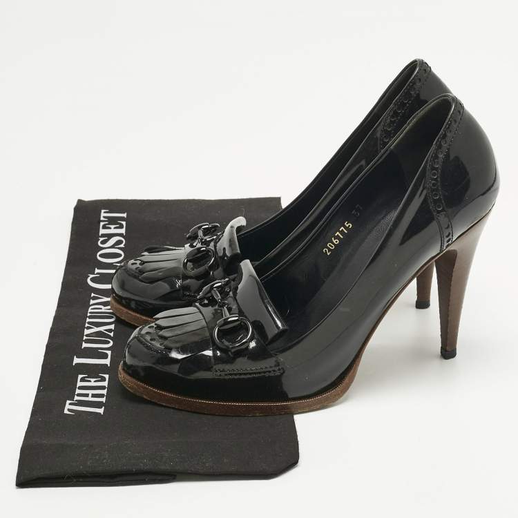 Pre Owned Gucci Black Patent Leather Horsebit Pumps Size 37
