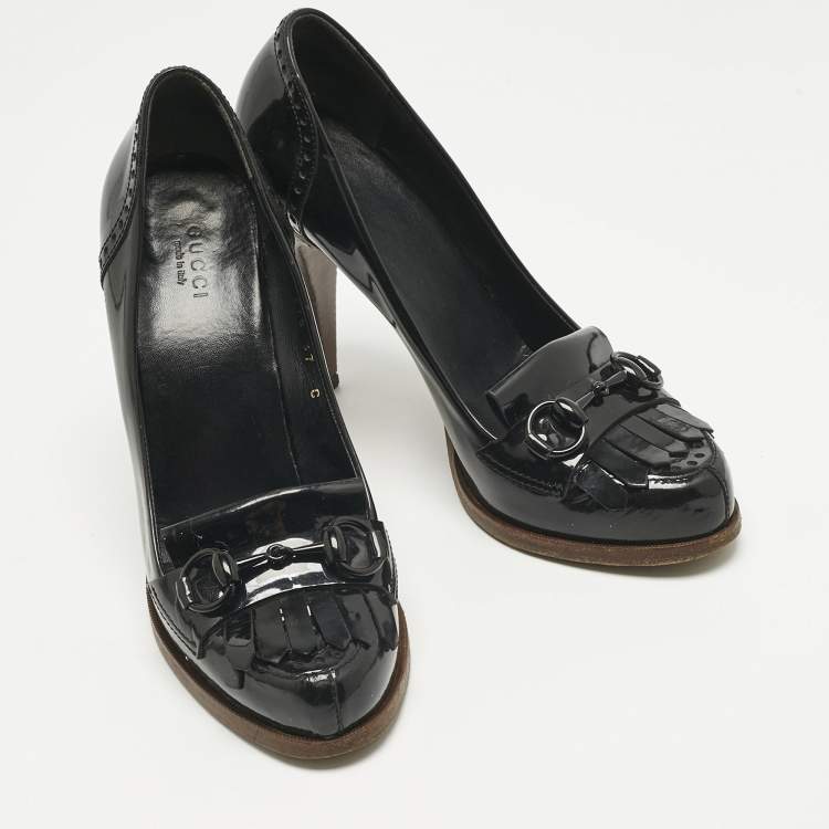 Pre Owned Gucci Black Patent Leather Horsebit Pumps Size 37