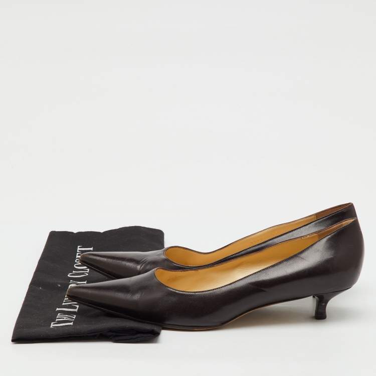 Pre Owned Gucci Dark Brown Leather Pointed Toe Kitten Heel Pumps Size 39.5