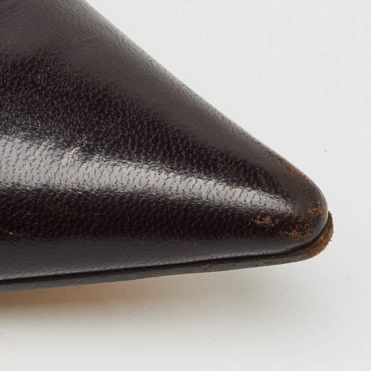 Pre Owned Gucci Dark Brown Leather Pointed Toe Kitten Heel Pumps Size 39.5
