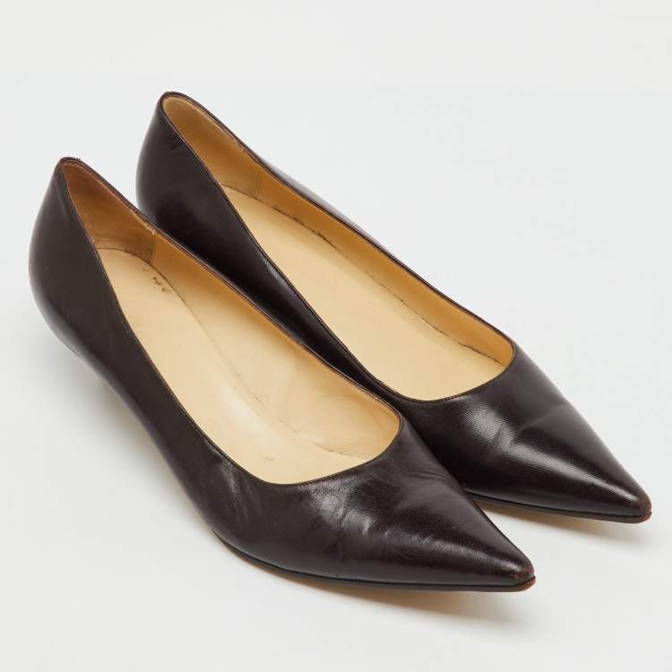 Pre Owned Gucci Dark Brown Leather Pointed Toe Kitten Heel Pumps Size 39.5
