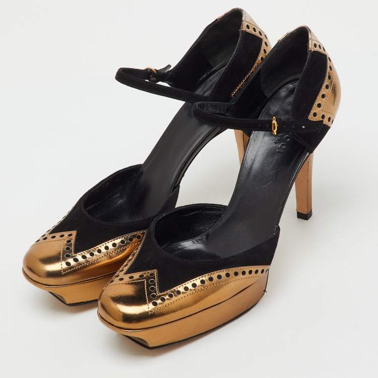 Pre Owned Gucci Black/Gold Suede and Patent Leather Ankle Strap Platform Pumps Size 40