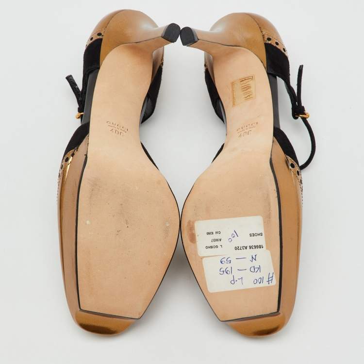 Pre Owned Gucci Black/Gold Suede and Patent Leather Ankle Strap Platform Pumps Size 40