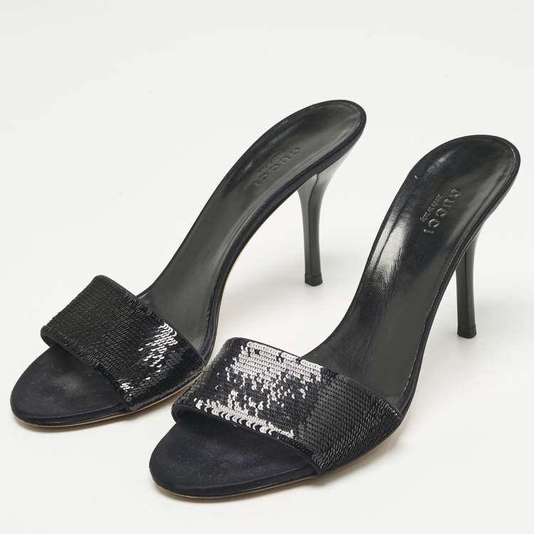 Pre Owned Gucci Black Sequins Open Toe Slide Sandals Size 38.5