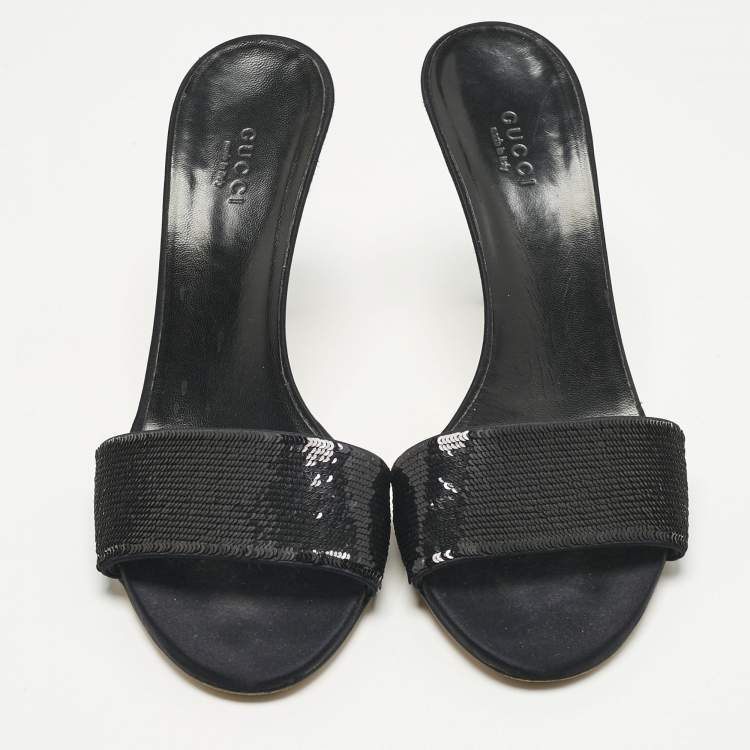 Pre Owned Gucci Black Sequins Open Toe Slide Sandals Size 38.5