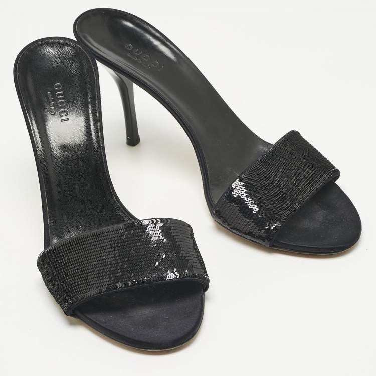 Pre Owned Gucci Black Sequins Open Toe Slide Sandals Size 38.5