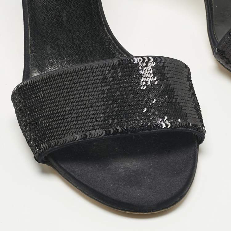 Pre Owned Gucci Black Sequins Open Toe Slide Sandals Size 38.5