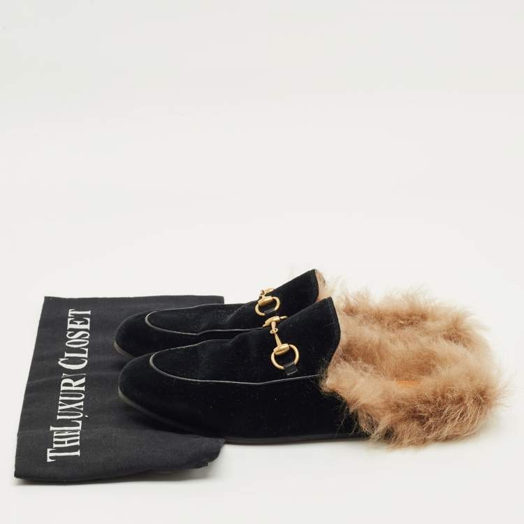 Pre Owned Gucci Black Velvet and Fur Lined Horsebit Princetown Flat Mules Size 37.5