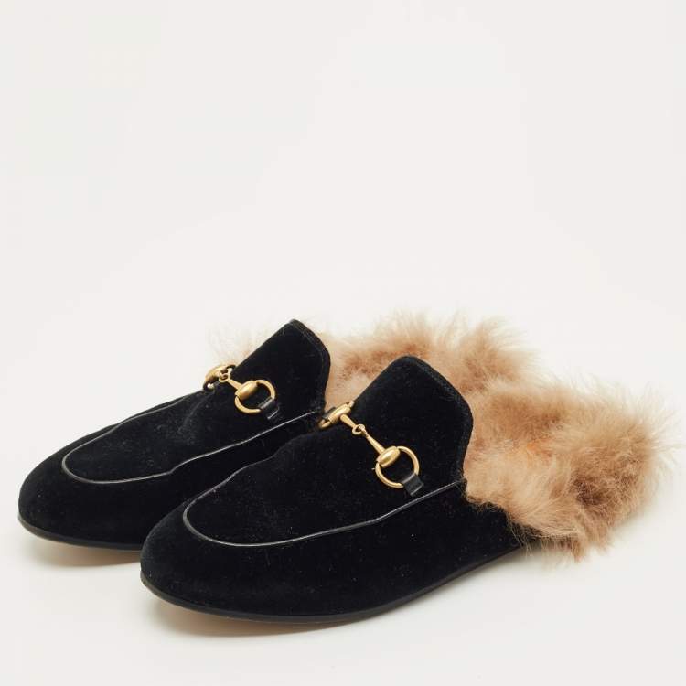 Pre Owned Gucci Black Velvet and Fur Lined Horsebit Princetown Flat Mules Size 37.5