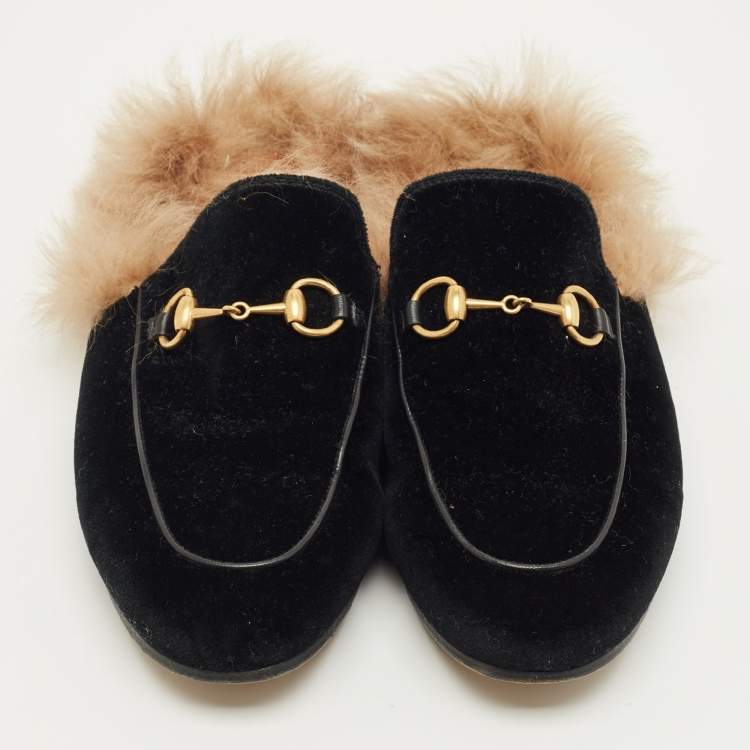 Pre Owned Gucci Black Velvet and Fur Lined Horsebit Princetown Flat Mules Size 37.5