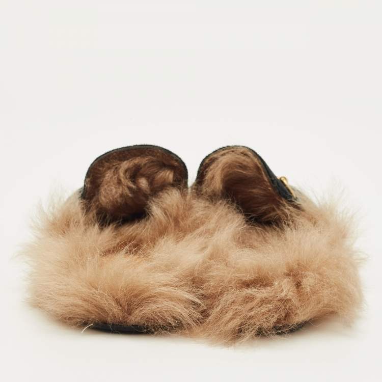 Pre Owned Gucci Black Velvet and Fur Lined Horsebit Princetown Flat Mules Size 37.5