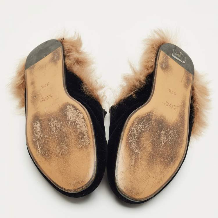 Pre Owned Gucci Black Velvet and Fur Lined Horsebit Princetown Flat Mules Size 37.5