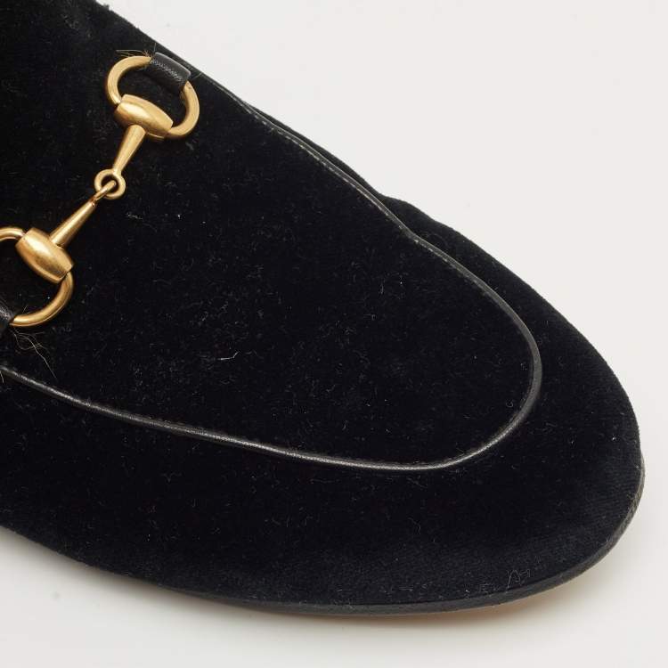 Pre Owned Gucci Black Velvet and Fur Lined Horsebit Princetown Flat Mules Size 37.5