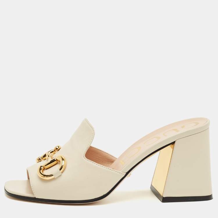 Pre Owned Gucci Off White Leather Horsebit Block Heel Slide Sandals Size 38