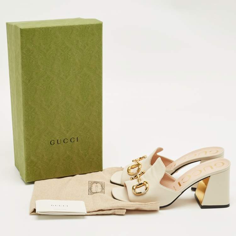 Pre Owned Gucci Off White Leather Horsebit Block Heel Slide Sandals Size 38
