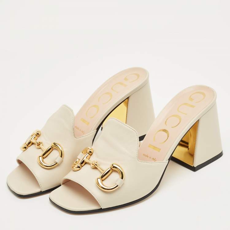 Pre Owned Gucci Off White Leather Horsebit Block Heel Slide Sandals Size 38
