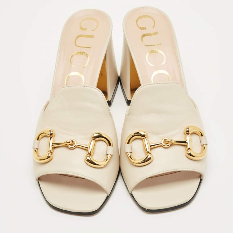 Pre Owned Gucci Off White Leather Horsebit Block Heel Slide Sandals Size 38