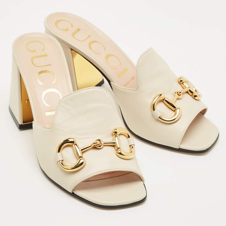 Pre Owned Gucci Off White Leather Horsebit Block Heel Slide Sandals Size 38