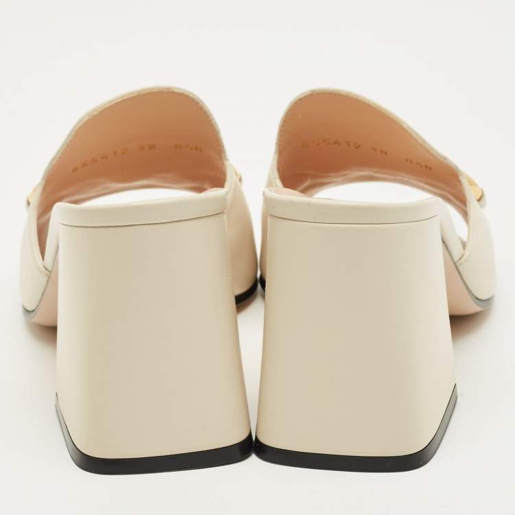 Pre Owned Gucci Off White Leather Horsebit Block Heel Slide Sandals Size 38