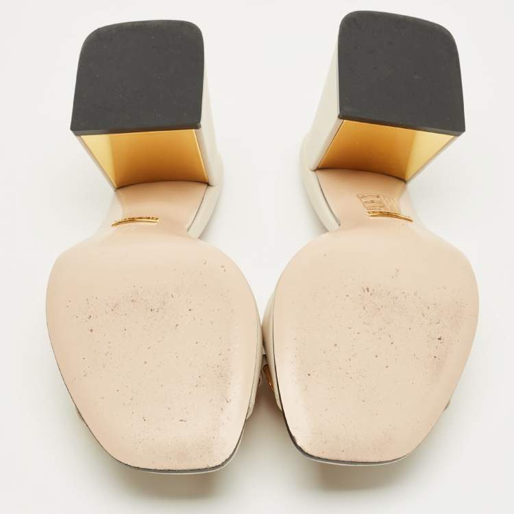 Pre Owned Gucci Off White Leather Horsebit Block Heel Slide Sandals Size 38