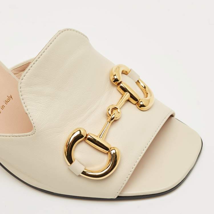 Pre Owned Gucci Off White Leather Horsebit Block Heel Slide Sandals Size 38