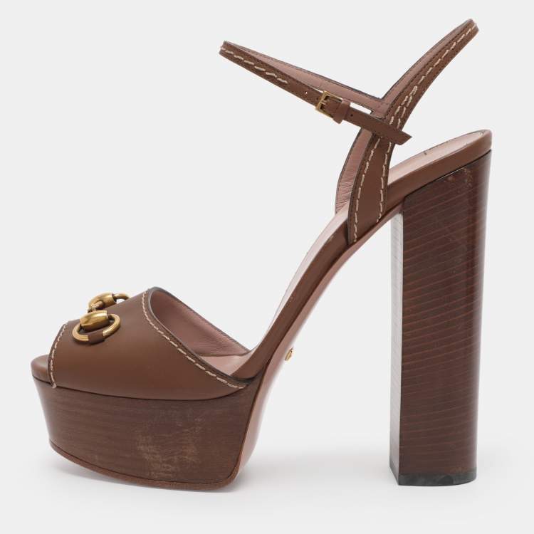 Pre Owned Gucci Brown Leather Claudie Peep Toe Platform Sandals Size 40