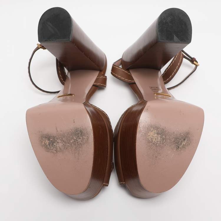 Pre Owned Gucci Brown Leather Claudie Peep Toe Platform Sandals Size 40