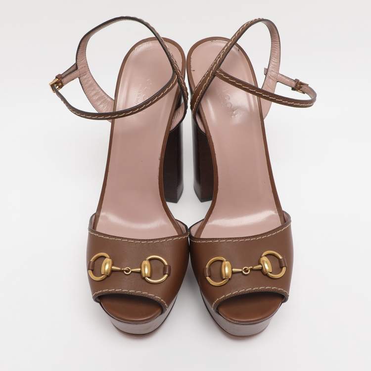 Pre Owned Gucci Brown Leather Claudie Peep Toe Platform Sandals Size 40