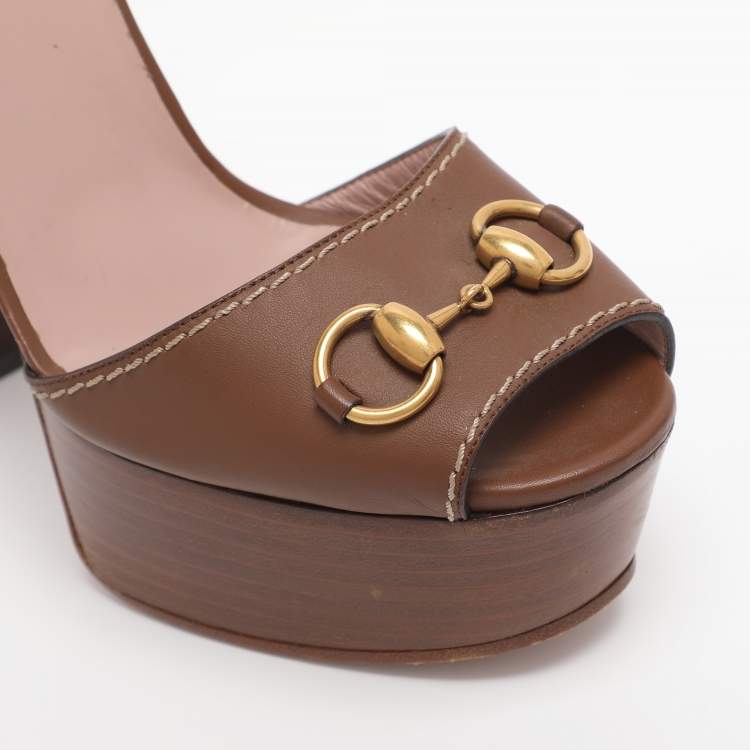 Pre Owned Gucci Brown Leather Claudie Peep Toe Platform Sandals Size 40