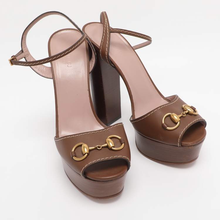 Pre Owned Gucci Brown Leather Claudie Peep Toe Platform Sandals Size 40