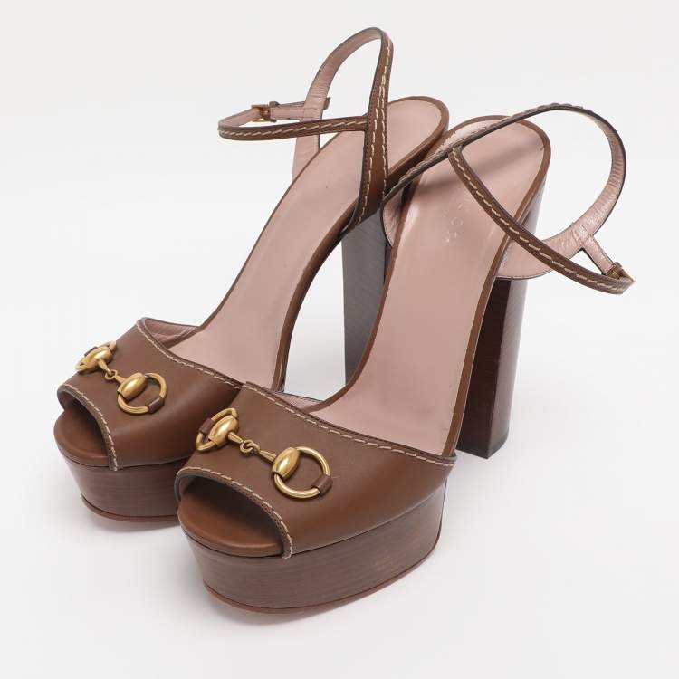 Pre Owned Gucci Brown Leather Claudie Peep Toe Platform Sandals Size 40