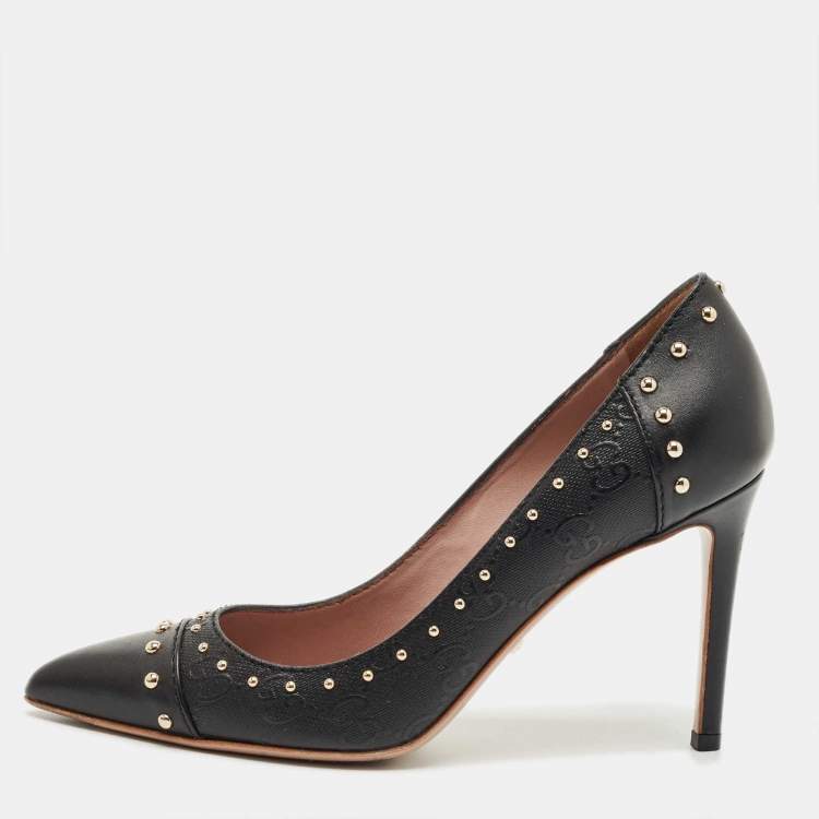 Pre Owned Gucci Black GG Coated Fabric and Leather Studded Pointed Toe Pumps Size 36.5