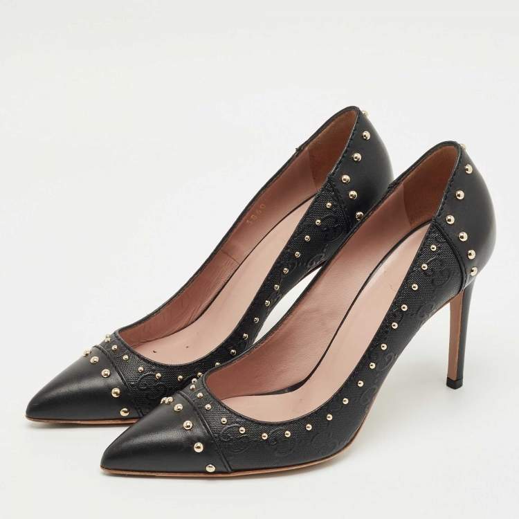 Pre Owned Gucci Black GG Coated Fabric and Leather Studded Pointed Toe Pumps Size 36.5