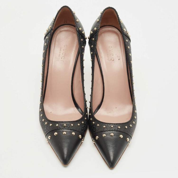 Pre Owned Gucci Black GG Coated Fabric and Leather Studded Pointed Toe Pumps Size 36.5