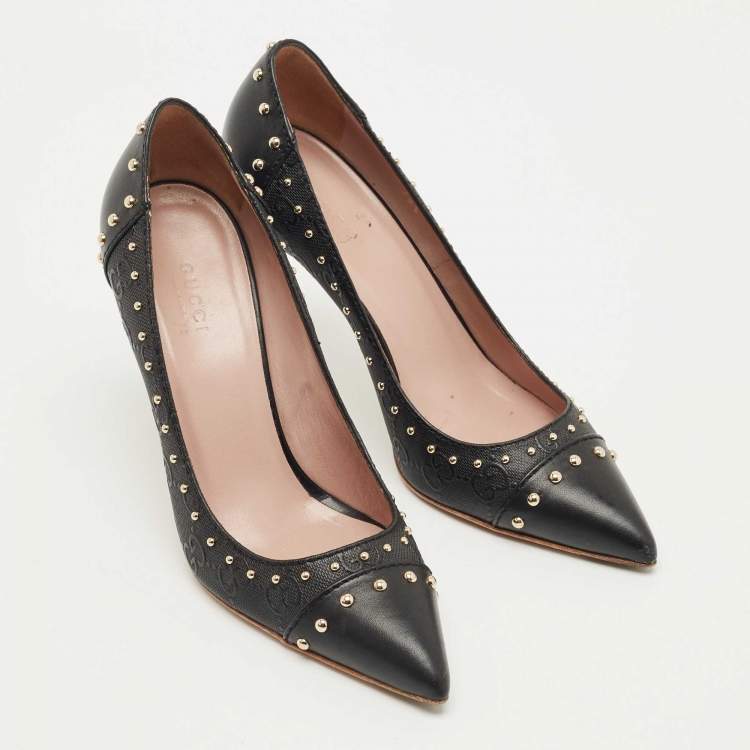 Pre Owned Gucci Black GG Coated Fabric and Leather Studded Pointed Toe Pumps Size 36.5