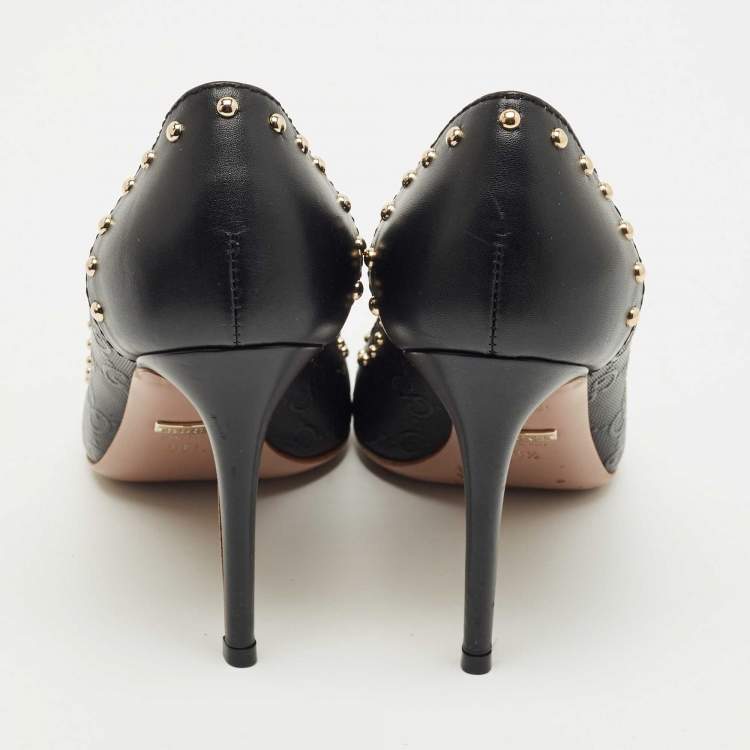 Pre Owned Gucci Black GG Coated Fabric and Leather Studded Pointed Toe Pumps Size 36.5