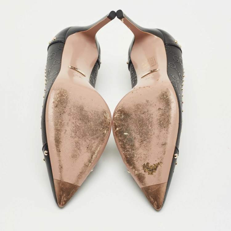 Pre Owned Gucci Black GG Coated Fabric and Leather Studded Pointed Toe Pumps Size 36.5
