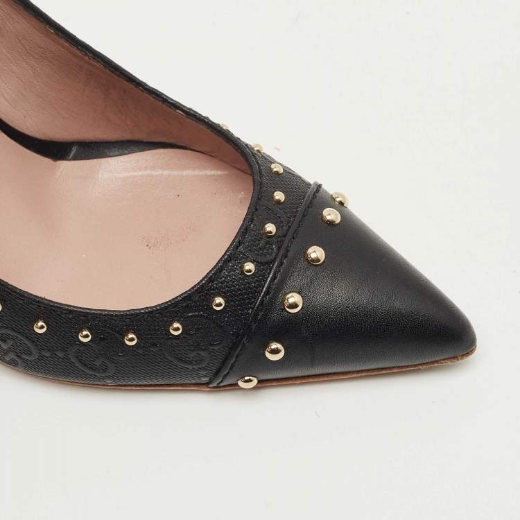 Pre Owned Gucci Black GG Coated Fabric and Leather Studded Pointed Toe Pumps Size 36.5