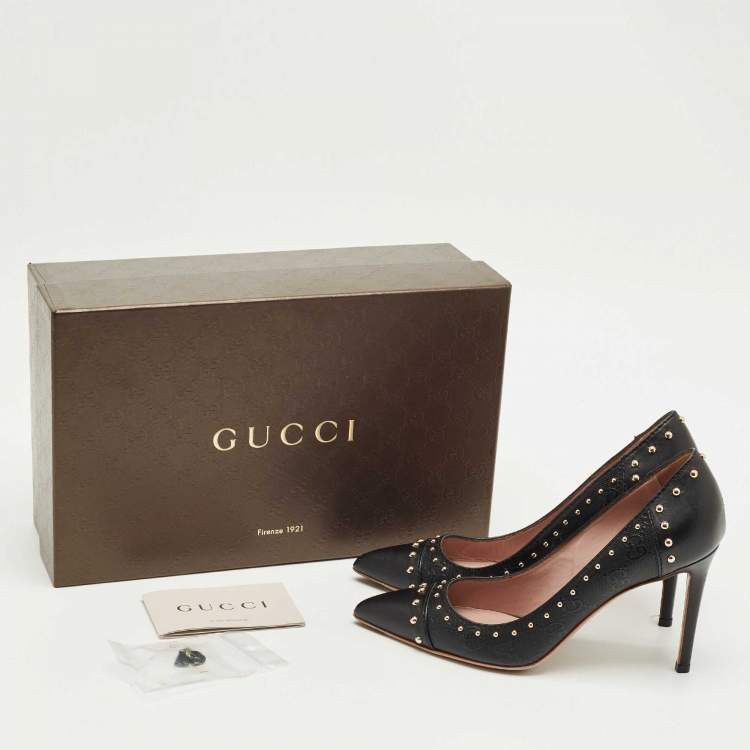 Pre Owned Gucci Black GG Coated Fabric and Leather Studded Pointed Toe Pumps Size 36.5