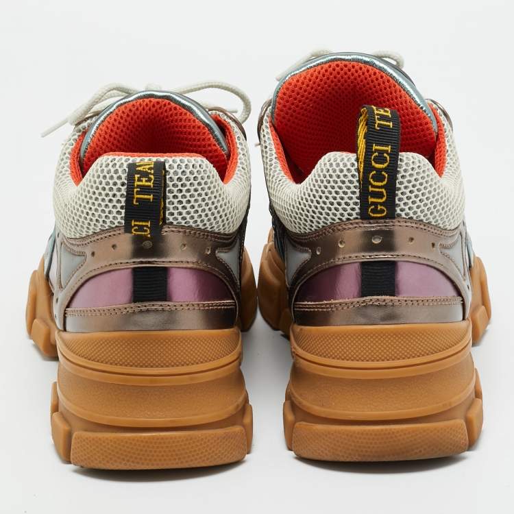 Pre Owned Gucci Multicolor Knit Fabric and Leather Flashtrek Lace Up Sneakers Size 40