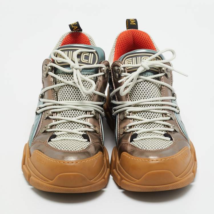 Pre Owned Gucci Multicolor Knit Fabric and Leather Flashtrek Lace Up Sneakers Size 40