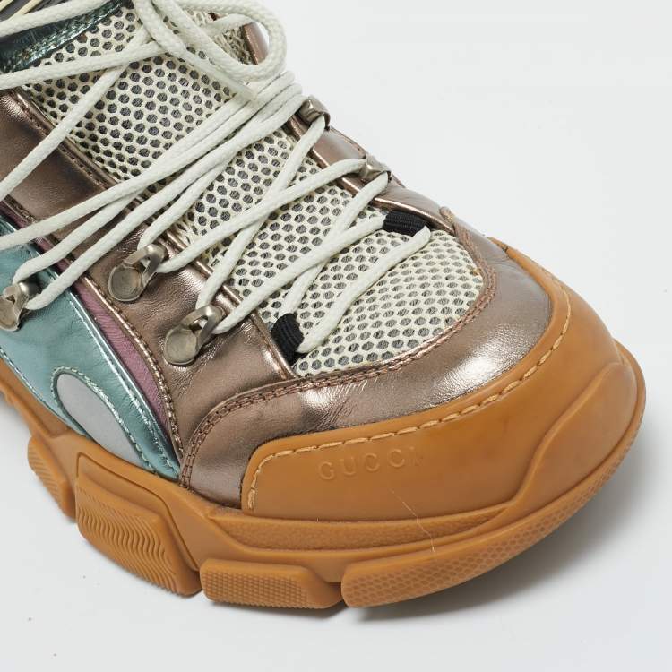 Pre Owned Gucci Multicolor Knit Fabric and Leather Flashtrek Lace Up Sneakers Size 40