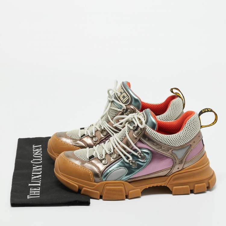 Pre Owned Gucci Multicolor Knit Fabric and Leather Flashtrek Lace Up Sneakers Size 40