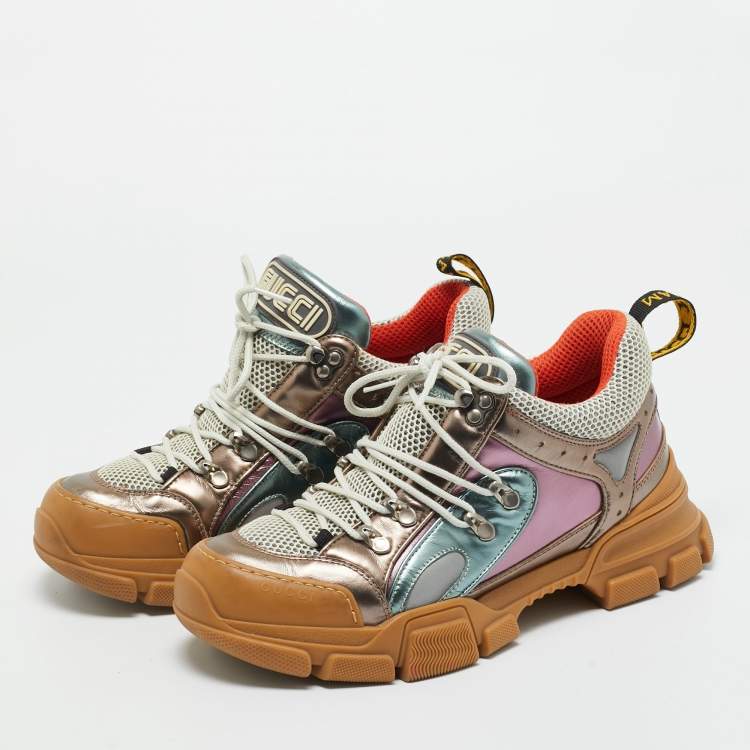 Pre Owned Gucci Multicolor Knit Fabric and Leather Flashtrek Lace Up Sneakers Size 40