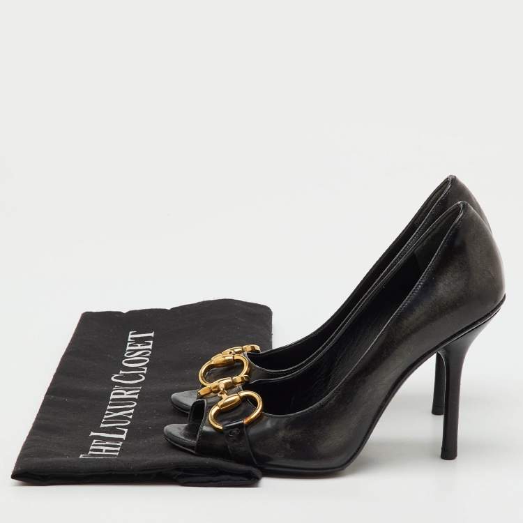 Pre Owned Gucci Black Leather Horsebit Peep Toe Pumps Size 35.5