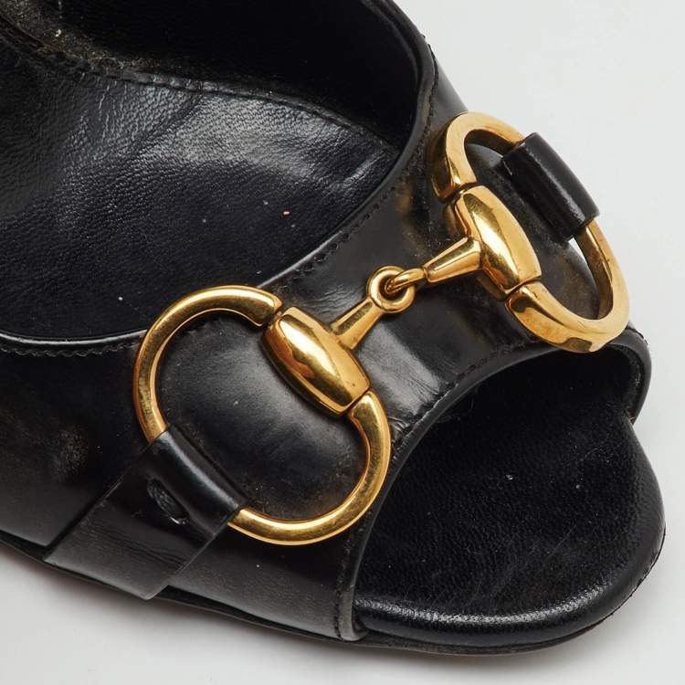 Pre Owned Gucci Black Leather Horsebit Peep Toe Pumps Size 35.5