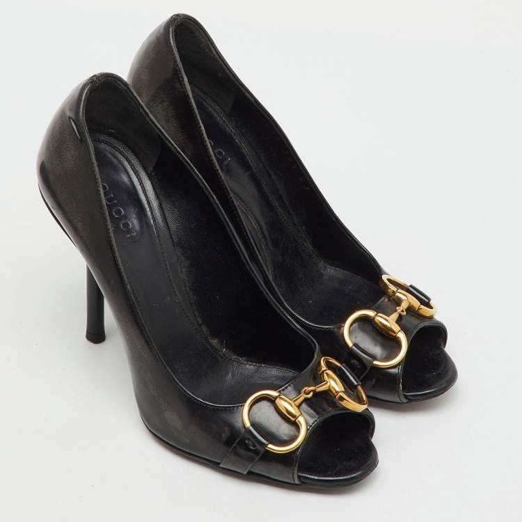 Pre Owned Gucci Black Leather Horsebit Peep Toe Pumps Size 35.5