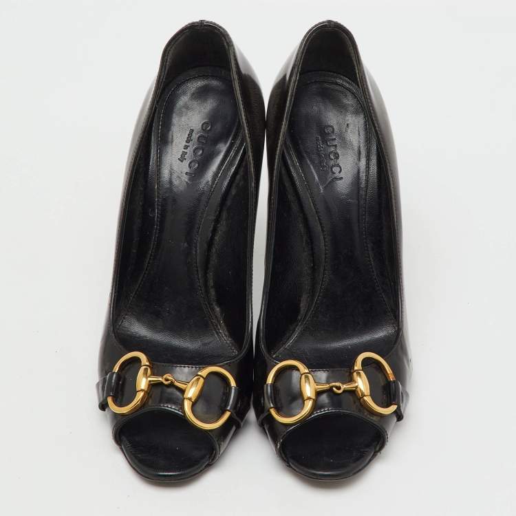Pre Owned Gucci Black Leather Horsebit Peep Toe Pumps Size 35.5